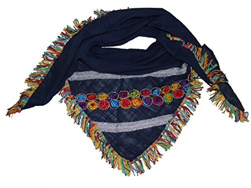 253 Damen Dreieckstuch XXL Schal Wendeschal Boho Strick Tuch mit bunten Fransen Blumen Glitzer Muster Zwillingsherz Dunkelblau