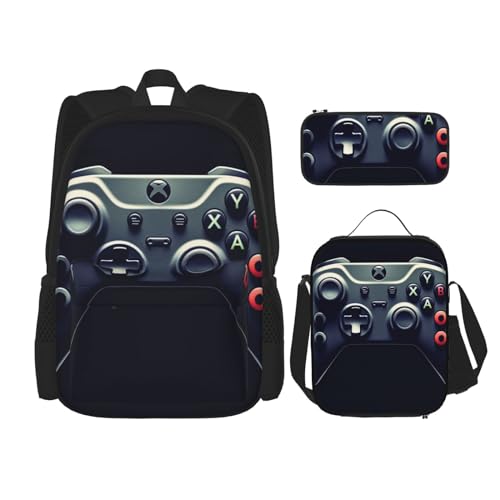 DENMER Mehrzweck-Schultasche mit japanischer Malerei, Pilz, mit passendem Federmäppchen und Lunch-Tasche, Ihre stilvolle All-in-One-Lösung, Gaming-Controller-Muster, Einheitsgröße