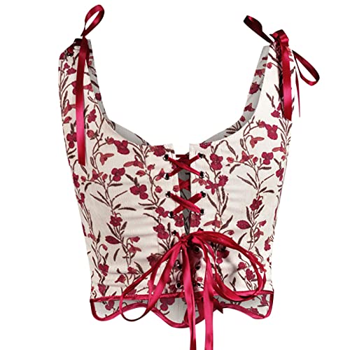 Korsett Damen Bauchweg Corset mit Schnürung Sexy Öse Spitze Blumendruck Unterbrust Vollbrust Oberteil Gräten Rückseite Gürtel Taillenformer Elegant Vintage Palast Stil Corsage Überbrus Shaperwear