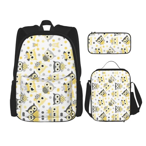 WURTON Schulterrucksack, 3-in-1, Motiv: Cartoon-Eulen, niedlicher Druck, Büchertasche, Lunchbox, Federmäppchen, Reise-Laptop-Tagesrucksäcke, Schwarz, Einheitsgröße