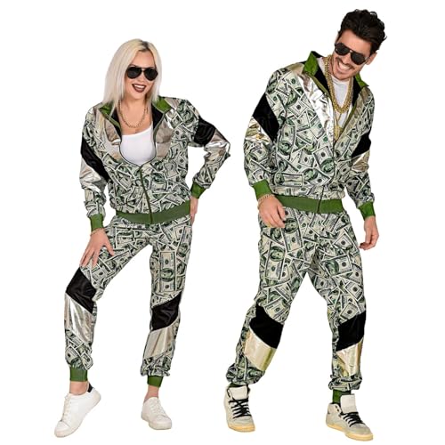 Widmann 11281 - Kostüm 80er-Jahre Trainingsanzug Dollar, Jacke und Hose, angenehmer Tragekomfort, Geldscheine, Jogginganzug, Retro-Style, Bad Taste Party, Karneval