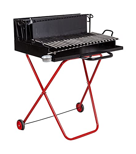 Dmora Holzgrill auf Rädern, Made in Italy, Farbe schwarz und rot, 74 x 55 x h95 cm