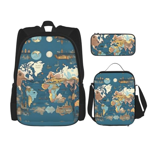 WURTON Lunchbox mit Weltkarten-Motiv, Federmäppchen, Rucksack-Set, 3-teilig, verstellbare Riemen, langlebig, leicht, Schwarz, One Size