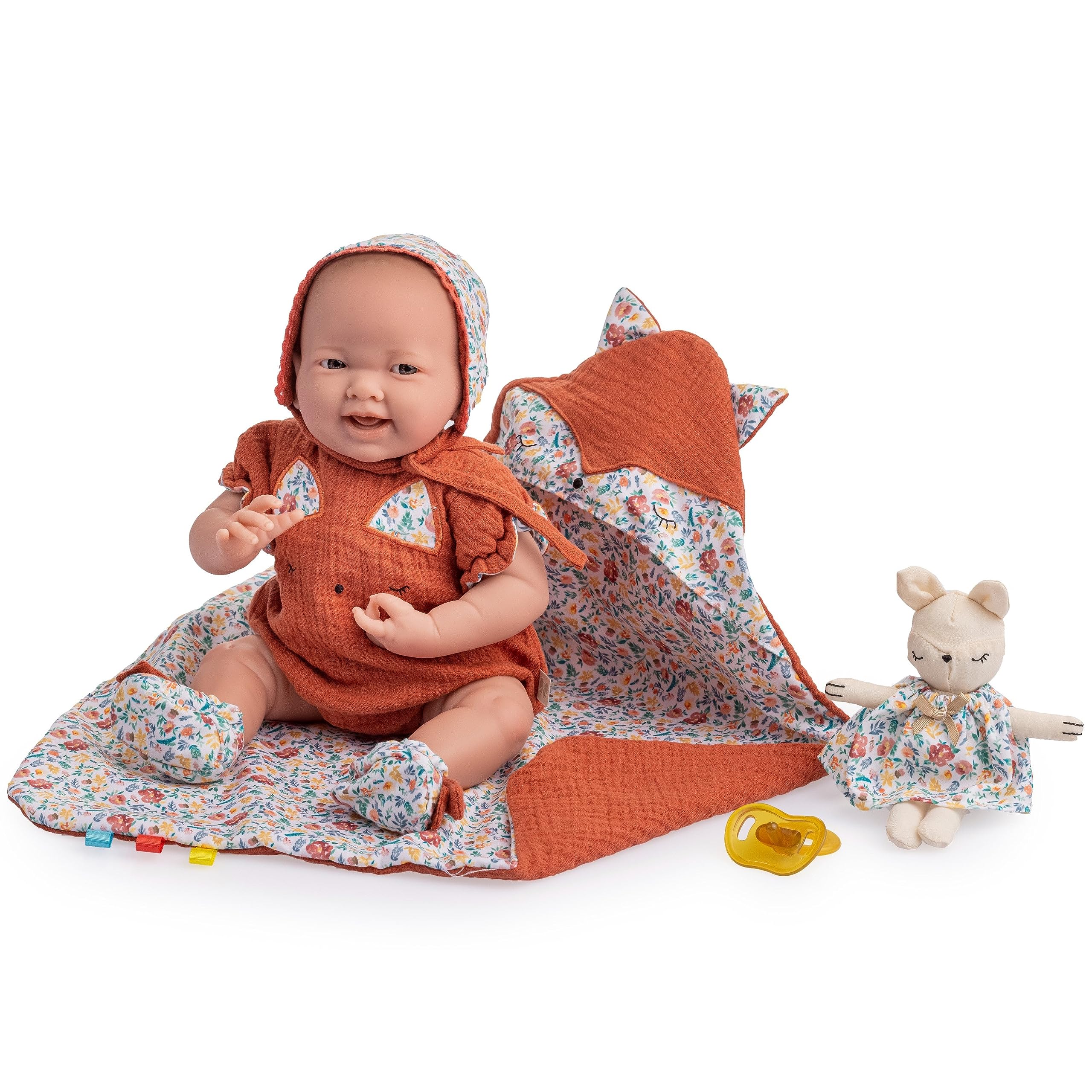 JC TOYS La Newborn Puppe für Neugeborene, 38 cm, weicher Körper, Kollektion Nature, mit Blumenbekleidung, Schnuller und Plüsch, entworfen in Spanien von Berenguer, 2 Jahre