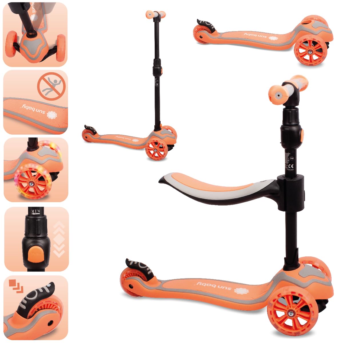 sun baby Roller Scooter Kinder 3 Jahre, LED große 3 Räder, Abnehmbarem Sitz, Kinderroller, Childern's Scooter (Orange)