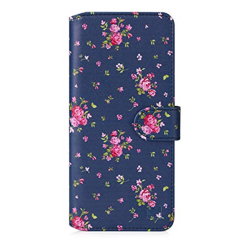 32nd Blumen Series 2.0 - PU Leder-Mappen-Hülle Case Cover für Motorola Moto G 5G Plus (2020), Blumendesign hüllen Entwurf gemacht Mit Kartensteckplatz und Magnetverschluss - Weinlese-Rosen-Indigo