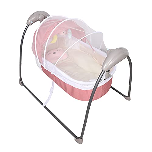 Elektrische Babybett, 3-speed Kinderbett Babyschaukel mit Spielzeugen,Bluetooth Automatische Bett Babywippe Rosa für Weniger als 14 Monate