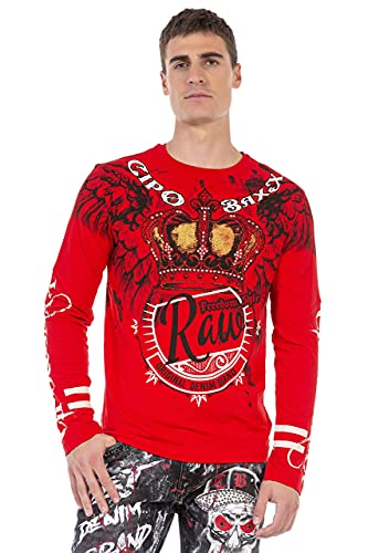 Cipo & Baxx Herren Langarmshirt Print Strassstein Longsleeve Rundhals Shirt Sweatshirt CL451 Rot XXL