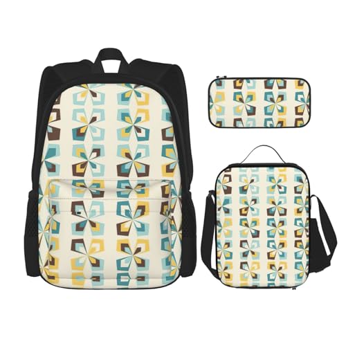 WURTON Rucksack mit geometrischem Blumenmuster für Mädchen und Jungen, Schultaschen, Teenager, Lunchbox und Federmäppchen, 3-in-1-Büchertaschen-Set