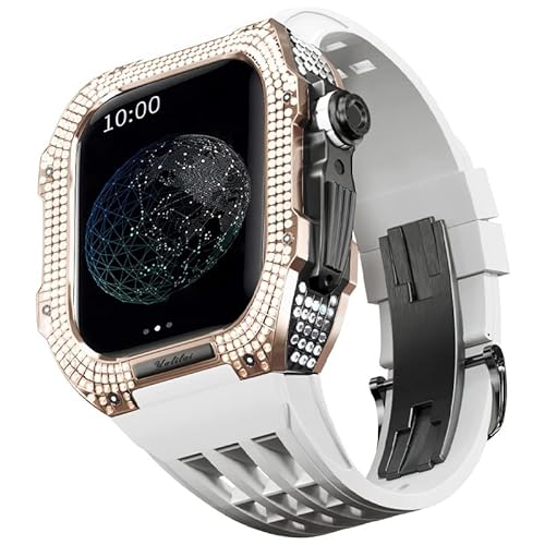 TONECY Uhren-Modifikationsset für Apple Watch 6 5 4 SE 44 mm Titangehäuse + Viton-Armband, Luxusgehäuse und Armbandmodifikationsset (Farbe: Weiß 9, Größe: 44 mm)