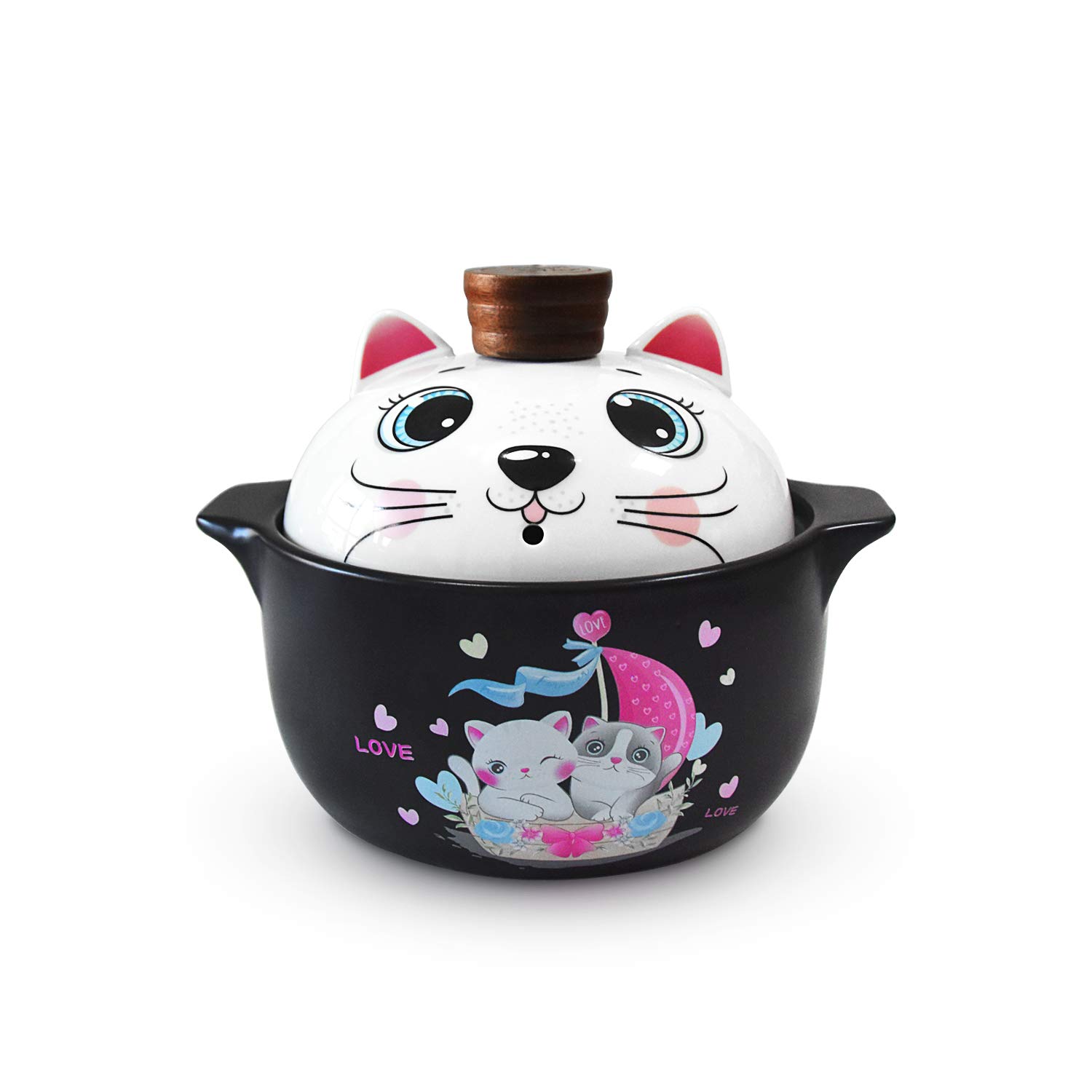 Keramik Kochtopf Niedliche Katze Cartoon Muster Keramik Kochgeschirr/Tontopf/Auflauf/Irdener Topf Mit Deckel Hitzebeständig Für Geschenk (2.5L, Katze)