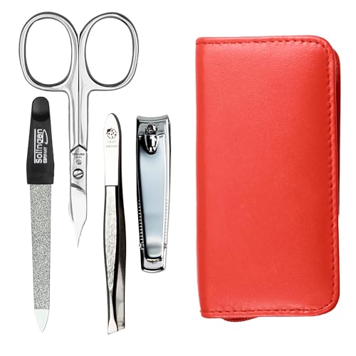 Maniküre Set 4 teilig Reise Etui - Nagelschere, Nagelknipser, Nagelfeile und Pinzette - Etui aus echtem Nappa-Lammleder - Maniküre und Pediküre (Orange)