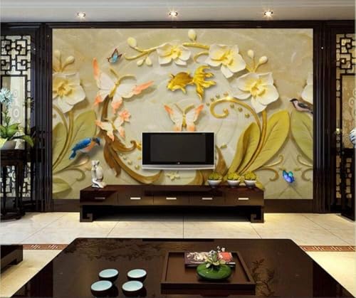 Blumen Schmetterlinge Vögel Fische 3D Tapete Poster Restaurant Schlafzimmer Wohnzimmer Sofa TV Dekorative Wand-250cm×170cm