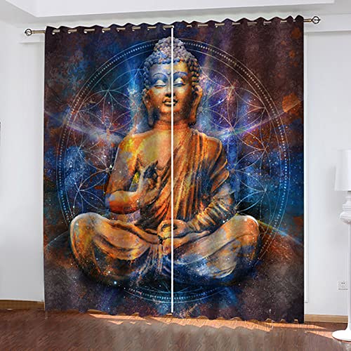 VOYADE 2 Stücke Blickdicht Vorhang Mit Ösen, 3D Sternenhimmel-Buddha-Statue Verdunkelungsvorhang Polyester Verdunkelung Vorhänge Gardinen - Für Wohnzimmer/Schlafzimmer/Kinderzimmer 260X280cm(HXB)