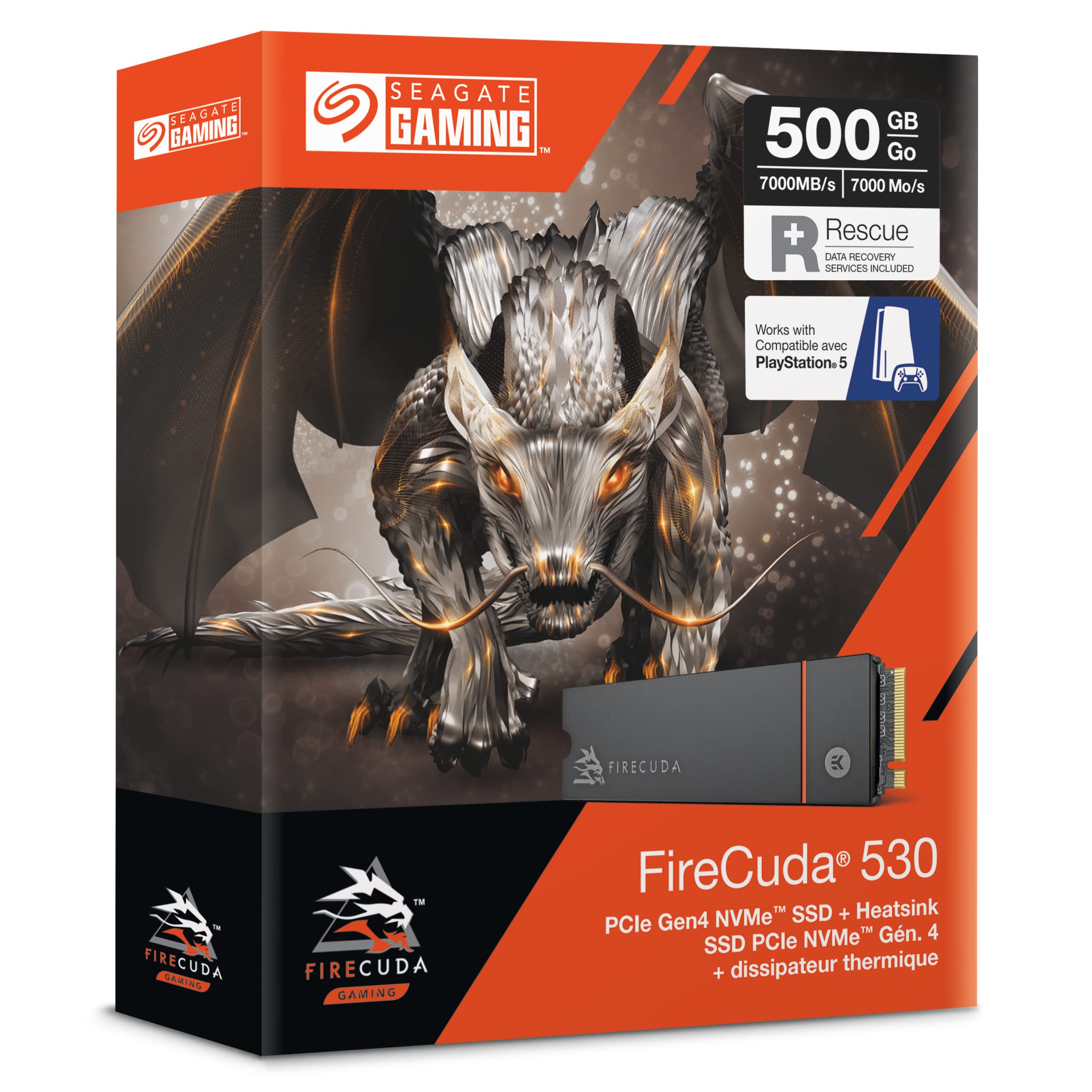 Seagate FireCuda 530 NVMe SSD 500GB, für PS5/PC, M.2 PCIe Gen4 ×4 NVMe 1.4, bis zu 7.300 MB/s, 3D-TLC-NAND, 640 TBW, Kühlkörper, 3 Jahre Rescue Service, Modellnr.: ZP500GM3A023