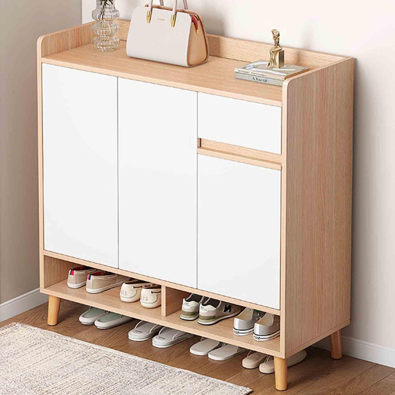 YIHANSS Schuhregal, weißer Schuhschrank mit 2 Türen und 1 Schublade – Organizer-Ständer für den Flur – Schuh-Sideboard für den Eingangsbereich (Holzfarbe, 120 x 32 x 100 cm)