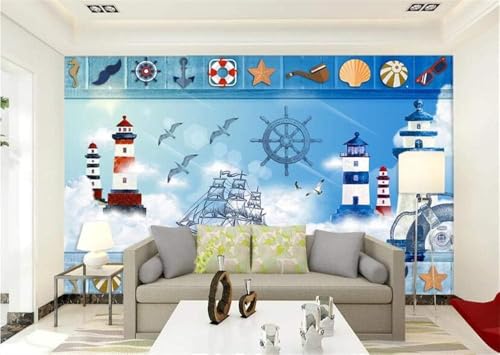 Leuchtturm Segelboot Vogel 3D Tapete Poster Restaurant Schlafzimmer Wohnzimmer Sofa TV Dekorative Wand-200cm×140cm