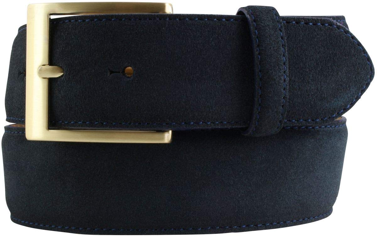 BELTINGER Jeans-Gürtel aus Veloursleder mit goldener Gürtelschnalle 4 cm | Velour-Ledergürtel 40mm | Herren-Gürtel Wildleder-Gürtel 4cm | Dunkelblau 85cm