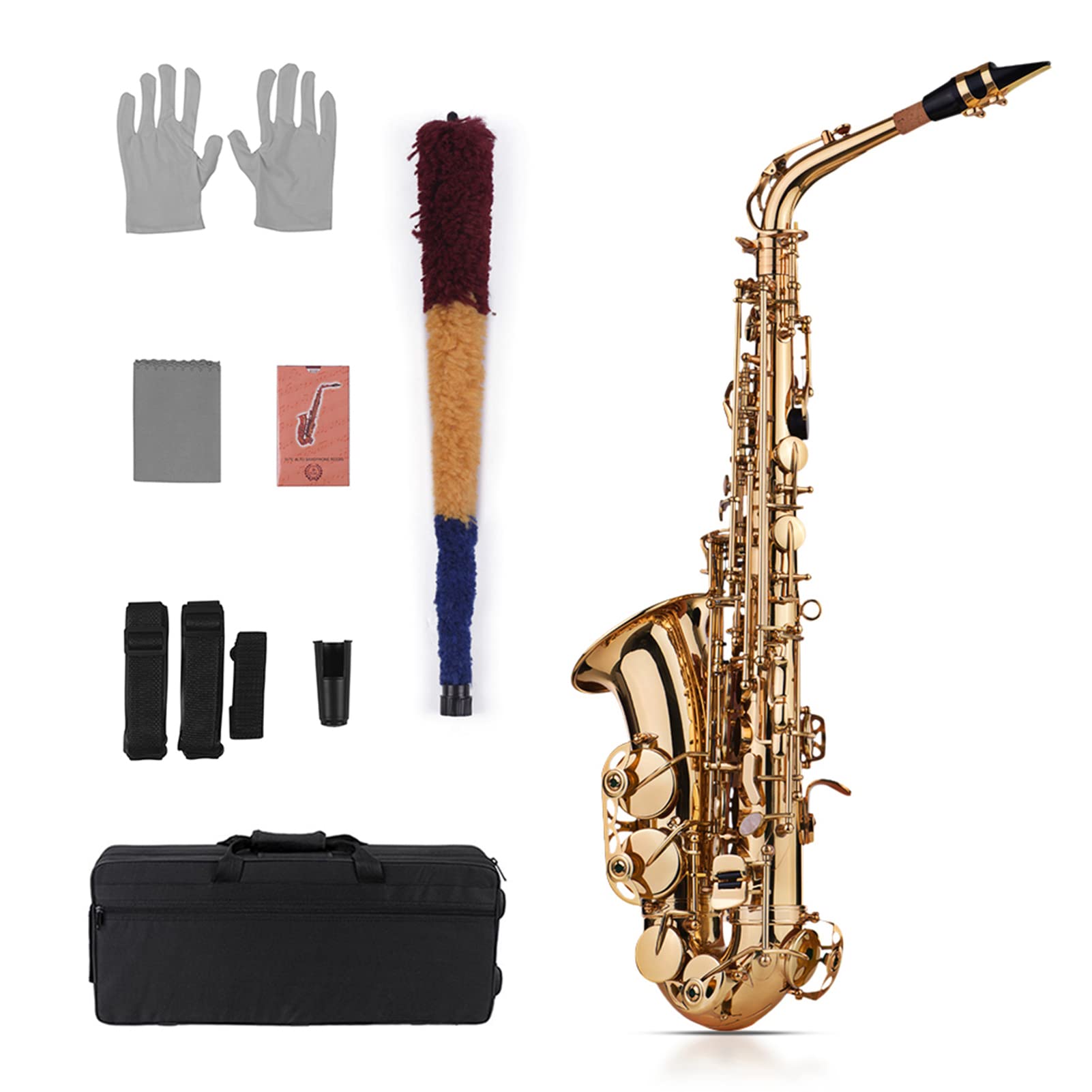 Btuty Eb Alt-Saxophon Messing lackiert Gold 802 Schlüssel Typ Holzblasinstrument mit gepolsterter Tragetasche Handschuhe Reinigungstuch Bürste Saxophonriemen Schilfrohrblätter