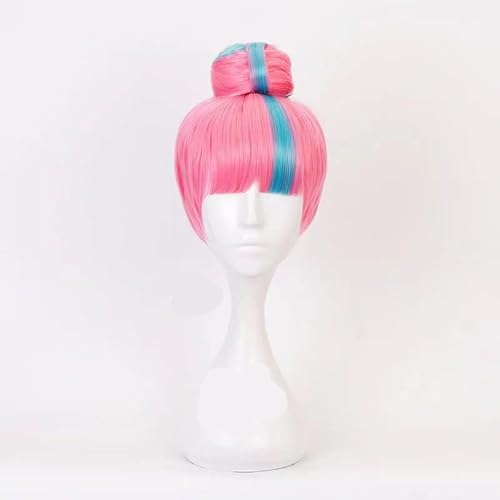 WCCNKK Qiyana Perücke, Rosa-Blaues Kurzes Haar, Halloween-Karneval-Weihnachtskostüm Cosplay-Perücken + Perücke-Kappe, Dekorative Accessoires, Anime-Geschenk