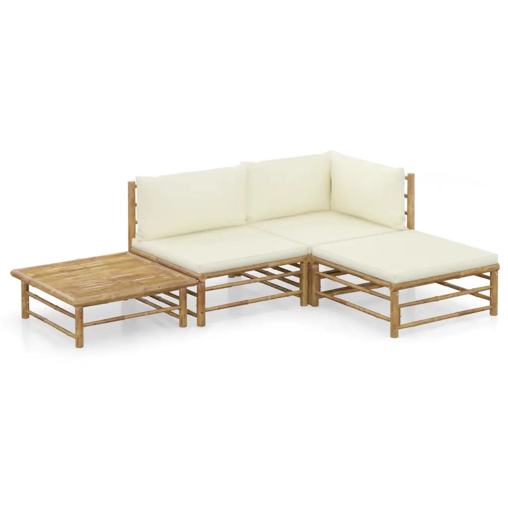 vidaXL Gartenmöbel 4-TLG. mit Cremeweißen Kissen Garten Garnitur Sitzgruppe Sofa Gartensofa Gartenset Sitzgarnitur Lounge Mittelsofa Ecksofa Fußhocker Bambus