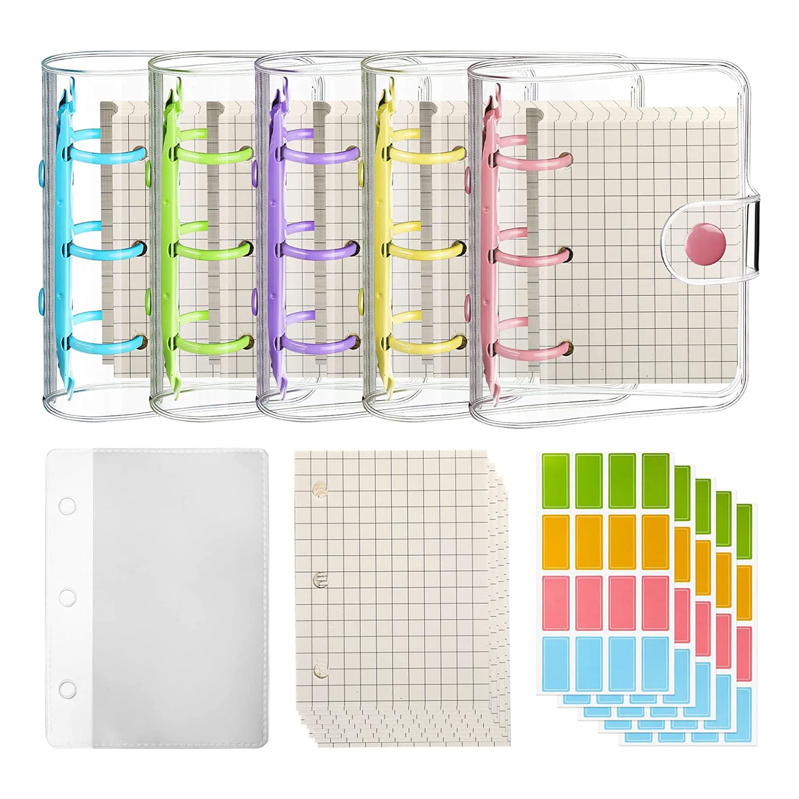 5 Sets Kleines Loseblatt Notizbuch Mit Mini-3-Ringen PVC Bindehüllen Gerastertes Papier Farbige Etiketten Kartentasche