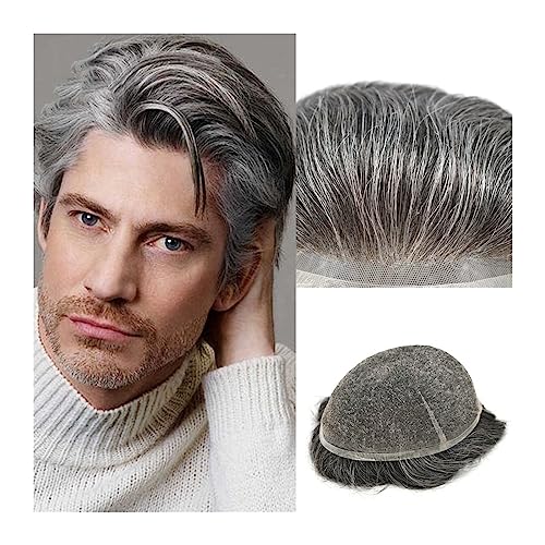 Toupet für Männer Toupet for Männer, Echthaar-System, Haarteile, volle Schweizer Spitze, Herren-Toupet, 20,3 x 25,4 cm, atmungsaktive männliche Haarprothese, 1B, gemischte 65% graue, weiße Haarperück