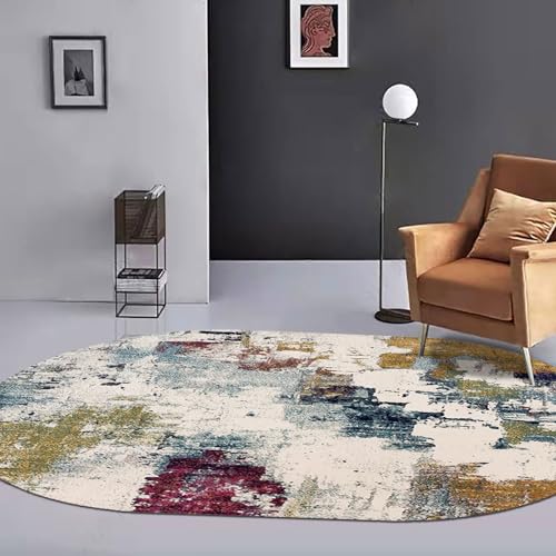 Jwujnxaq Teppiche Oval Weich Groß rutschfest Waschbar Teppich Schlafzimmer Modern Design Deko Lila Gelb Blau Weiß Abstrakt, 160 x 180 cm