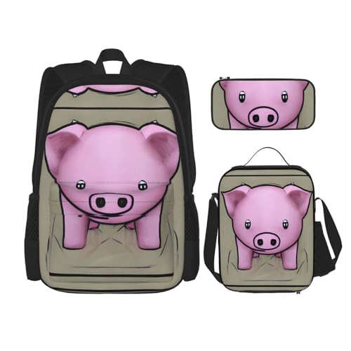 YQxwJL 3-in-1-Rucksack-Büchertaschen-Set, Halloween, niedlicher Kürbisdruck, lässiger Reiserucksack, mit Federmäppchen, Lunchtasche, Powder Pig, Einheitsgröße