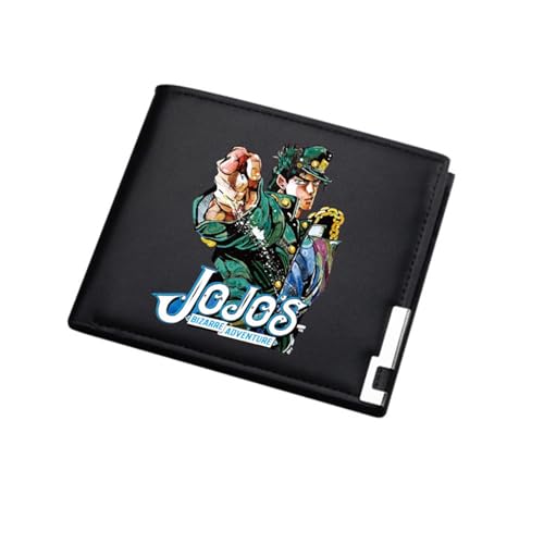 RYNDEX Jo-Jo's Bizar-re Adventu-re Anime Geldbeutel, Schmale Bi-Fold Kleines Portemonnaie, PU Leder Münzbörse Wallet mit Sichtfenster, für Teenager und Junge Mädchen(Color:Black 2)