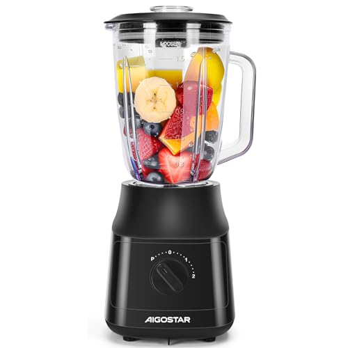 Aigostar Standmixer und Smoothie Maker, 1.5 Liter Glasbehälter, Titanbeschichteten Klingen,Ice Crush Funktion, 2 Geschwindigkeiten + Pulse, Spülmaschinenfeste Teile,600W, Schwarz. Swift.