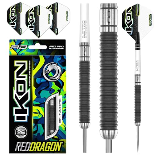 RED DRAGON Ikon 1.4 26 Gramm Professionelles Wolfram Steeltip Dart Set mit Flights und Schäften