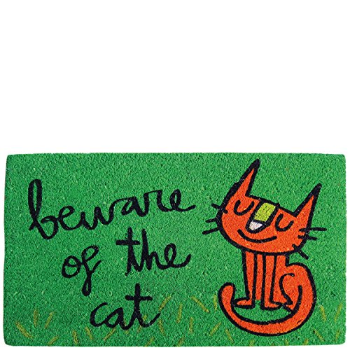 Laroom Fußmatte Motiv Beware of The Cat, Jute and Rutschfester Boden, Grün, 40 x 70 x 1.8 cm