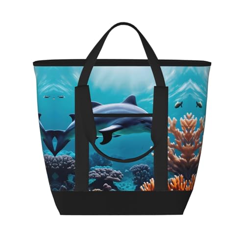 YQxwJL Beautiful Underwater World Delfine Coral Print Large Capacity Insulated Cooler Bag,Shopper Bag,Travel Beach Reusable Grocery Bag for Adults, Black, One Size, Schwarz , Einheitsgröße