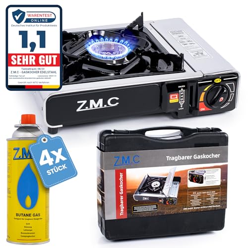 ZMC Gaskocher 1-flammig + Aufbewahrungskoffer + 4X Gaskartuschen 227g, Campingkocher für Outdoor und Innenraum, Campinggaskocher 2,2 kW mit Piezozündung