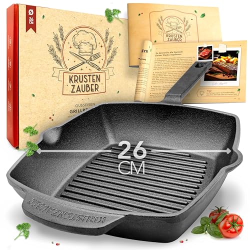 KRUSTENZAUBER 26cm Grillpfanne Induktion Stilgriff - Geriffelte Gusseisenpfanne Induktion - Ideale Gusseisen Pfanne, Eisenpfanne, Cast Iron Pan, Bratpfanne, Gusseiserne Pfanne Skillet Gusspfanne