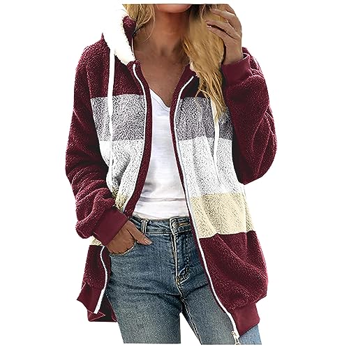 Plüschjacke Damen Teddy Fleece Plüschmantel Zipper Hoodie Patchwork Kapuzenjacke Langarm Warme Herbstjacke Reissverschluss Winterjacke Oversized Sweatjacke Kapuzenpulli Vintage Outwear Oberbekleidung