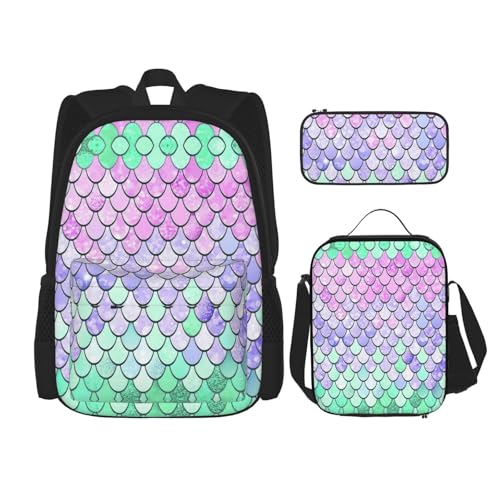 WURTON Schulterrucksack, Meerjungfrauen-Druck, 3-in-1, Büchertaschen-Set, Lunchbox, Federmäppchen, Reise-Laptop-Tagesrucksäcke