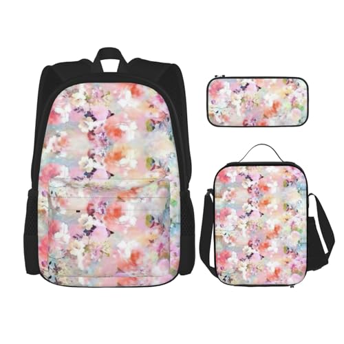 WURTON Schulrucksack-Set mit schönem rosa Blumendruck, 3-in-1-Büchertaschen-Set mit Lunchbox, Federmäppchen, Reise-Laptop-Tagesrucksäcke