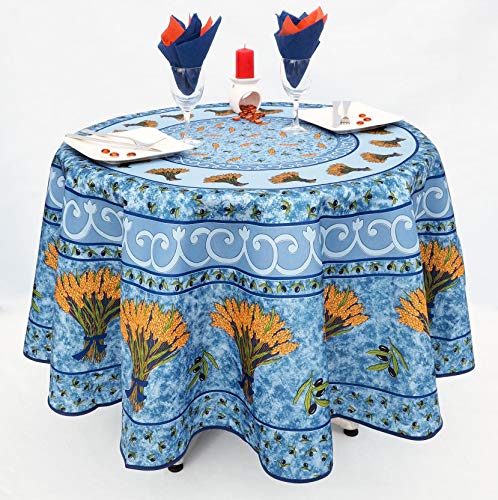 Runde schmutzabweisende Tischdecke - Faltenbeständig und 100% Polyester - Blau - Ø 180 cm - Bouquet de Blé - 6/8 Besteck - Innen oder Außen - Esstisch, Küche oder Garten