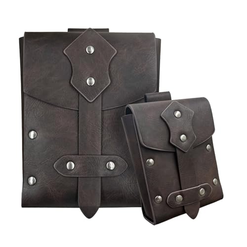 SOUTHJIELING 2 Stück/Set Mittelalter Würfel Tasche Hüfttasche PU Leder Münztasche Multifunktionale Kleingeld Geldbörse Gürteltasche Hüfttasche für Cosplay, Braun / Braun, 12x16cm/9x12cm