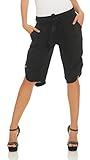 Mississhop 281 Damen Capri 100% Leinen Bermuda lockere Kurze Hose Freizeithose Shorts mit Gürtel und Knöpfen Schwarz L