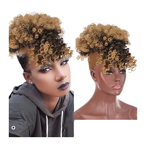 Bun Haarteile Verworrene lockige Pferdeschwanz-Clip-in-Haarverlängerungen for Frauen, Afro High Puff, synthetischer Haarknoten, Pferdeschwanz, Kordelzug mit Pony, flauschiger Afro-Kurzhaar Brötchen-Ha