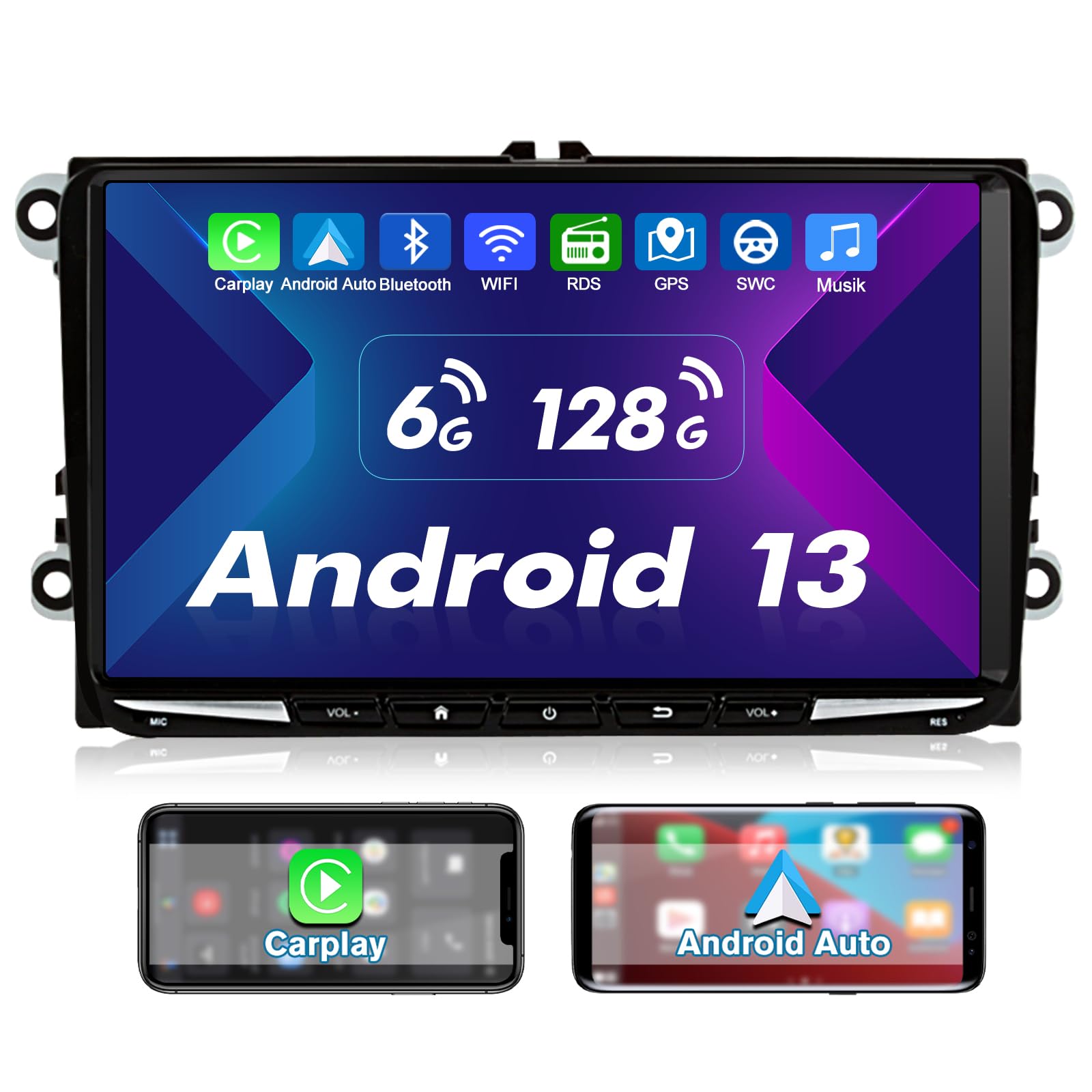 AWESAFE Android 13 Radio für VW Skoda Seat Golf, 6GB+128GB 9 Zoll Touchscreen unterstützt 4G SIM Karte WLAN Carplay Android Auto Lenkradsteuerung FM Radio Bluetooth