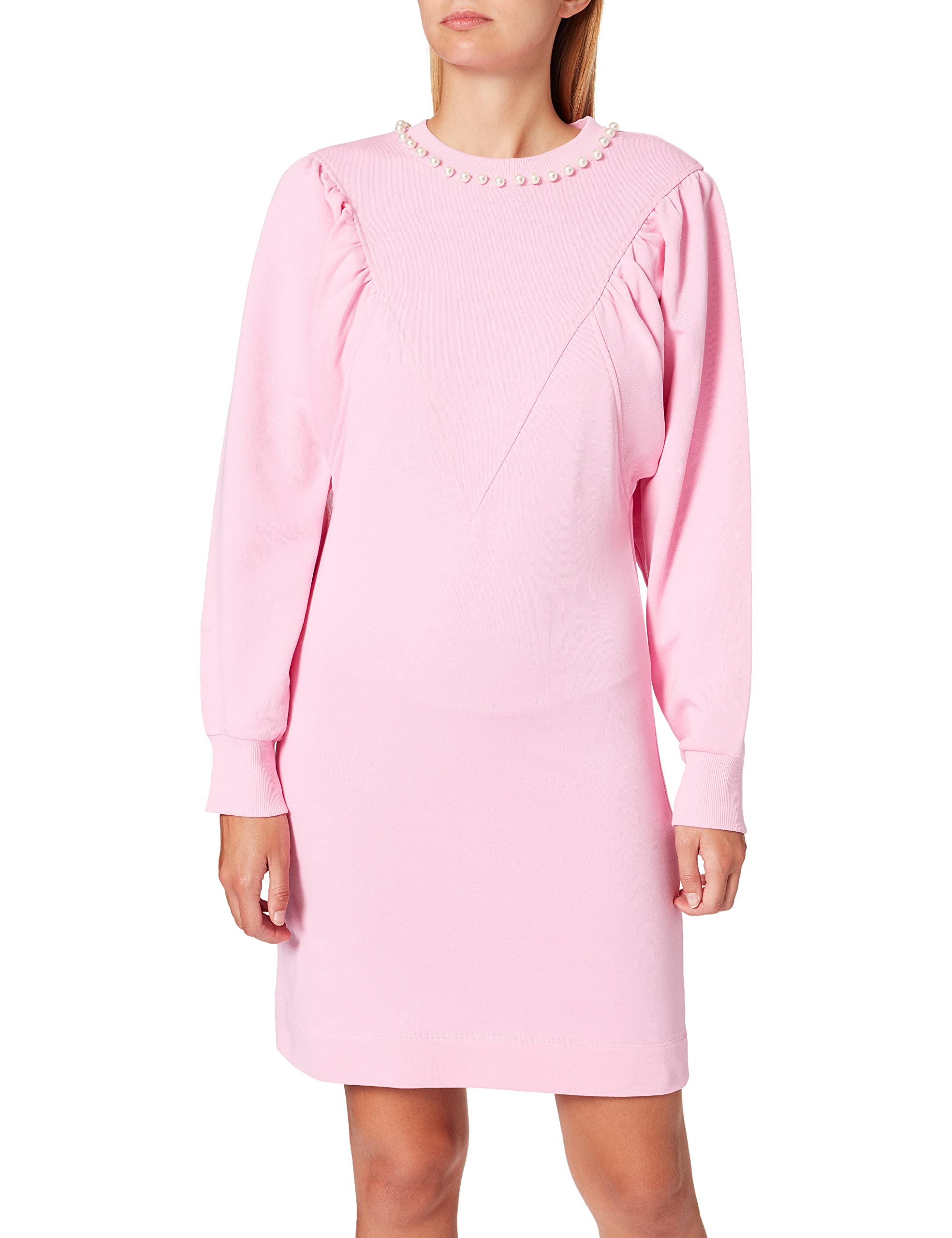 Love Moschino Damen Long Wing Sleeves,v-Shaped Cut with Ruffles in Front, Ribbed Collar and Cuffs Casual Dress,PINK, 34