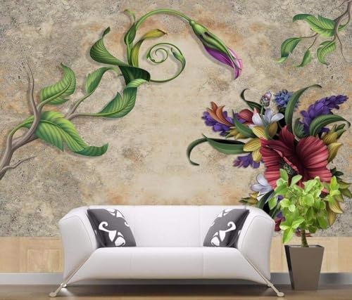 Vintage Grüne Blätter Lila Blumen 3D Tapete Poster Restaurant Schlafzimmer Wohnzimmer Sofa TV Dekorative Wand-430cm×300cm