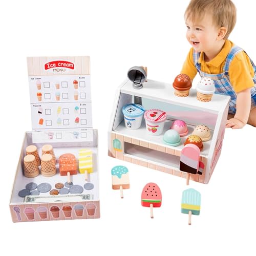 Spielen Sie EIS, Eisspielzeug | Spiel-Eistheke aus Holz | Pretend Ice Cream Sets, interaktives Kinder-Eiscreme-Spielset für Geburtstags