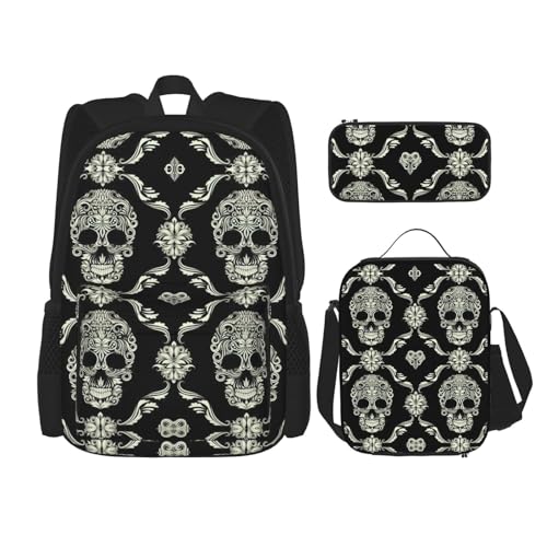 WURTON Blumen Schädel Ornamente Muster Druck Trendy Rucksack Taschen Lunchbox und Federmäppchen 3 in 1 Verstellbarer Rucksack Set, Schwarz, Einheitsgröße, Schwarz , Einheitsgröße