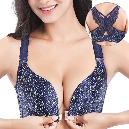 ZESLIV Damen BH Vorderverschluss ohne Bügel 90D Leopardenmuster Push Up BH mit Schmetterlingsrückseite große größen Frauen Wohlfühl Bustier Spitzen Strass Bra