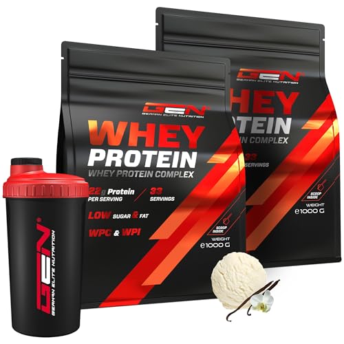 2 kg Whey Protein Komplex + Premium Shaker - Mit Isolate Anteil - Instant lösliches Eiweiss Protein Pulver mit BCAA & EAA - German Elite Nutrition - (2 x 1000 g Vanille Ice Cream)